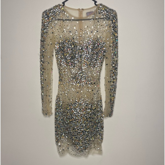 JOVANI Long Sleeve Jeweled Sheer Short Dress - Picture 6 of 14